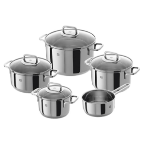 5-piece Pot-Set, with 4 Lids, Suitable for Induction, Stainless Steel.