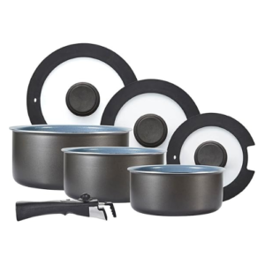 7 Piece Cookware Set with Ceramic Coating, Stackable Design and Detachable Handle